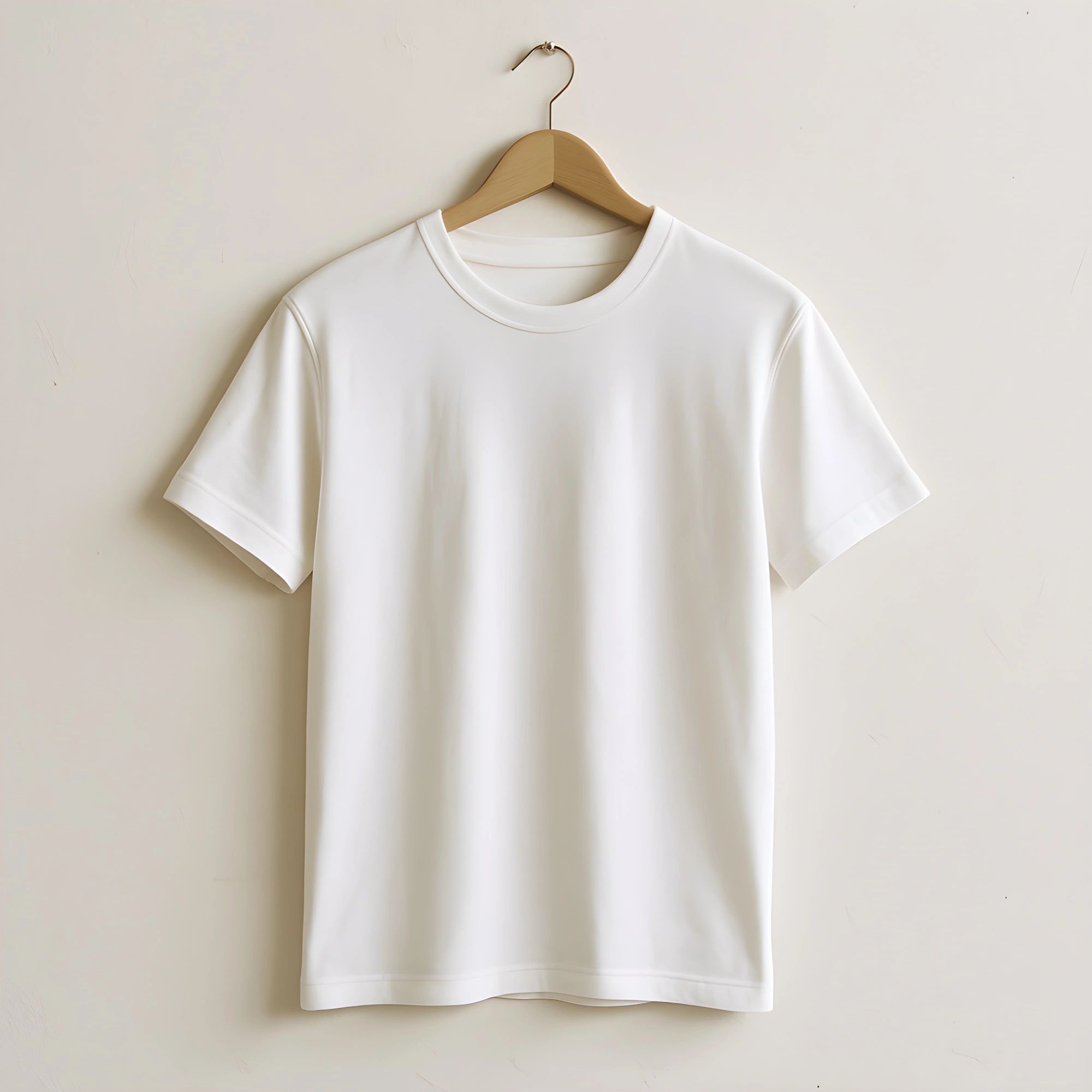 White t-shirt hanging on a wooden hanger against a white wall.