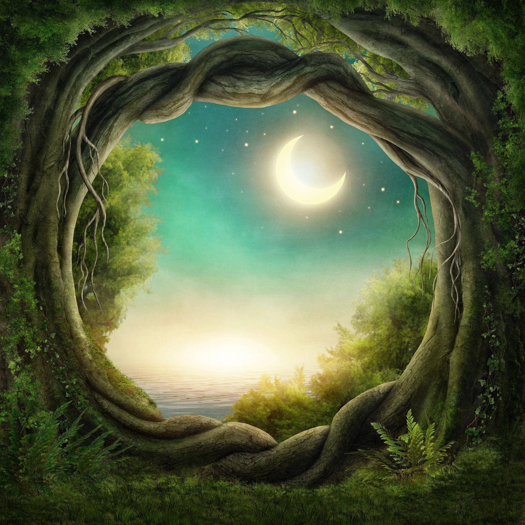 Enchanted moonlit forest image representing Pixie Pines fae-inspired apparel.