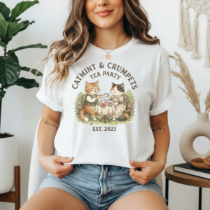 Catmint & Crumpets Tea Party T-Shirt | Cute Cats Having Tea, Est. 2023